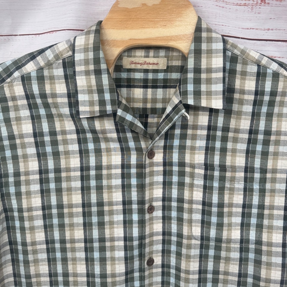 Tommy Bahama Camp Shirt Mens XL Silk Plaid Short Sleeve Button Up Casual Preppy